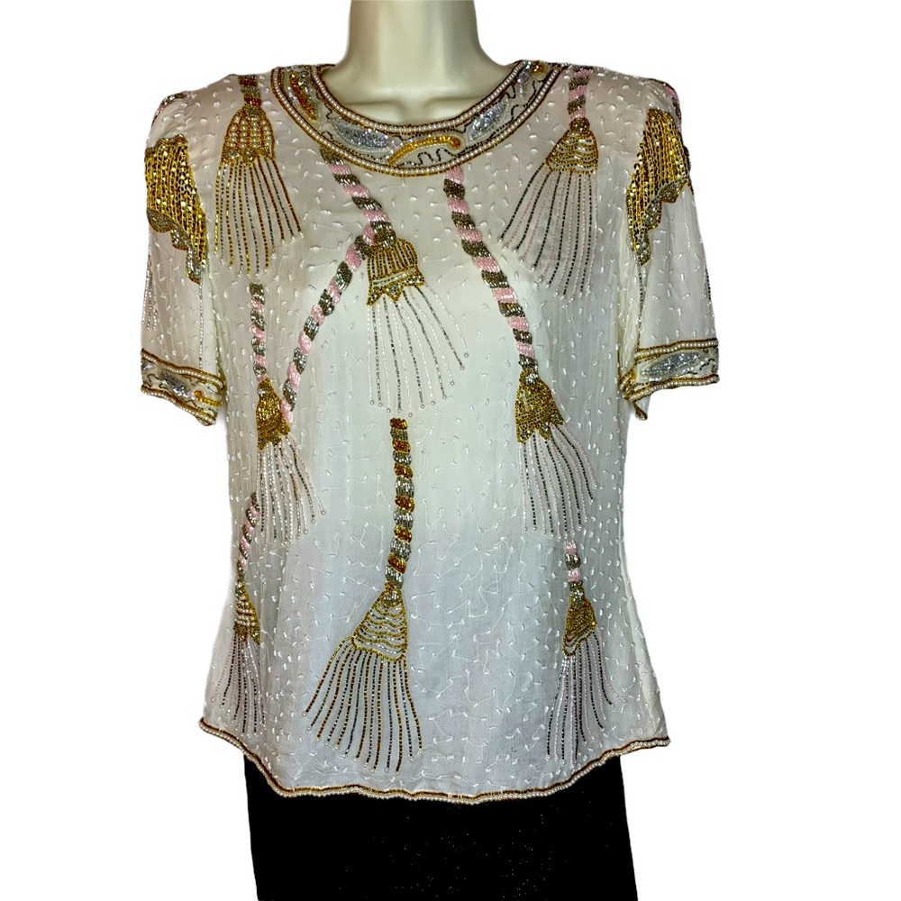 Laurence Kazar VTG 80’s Trophy Top Silk Cream & Gold Beaded Tassel Motif
